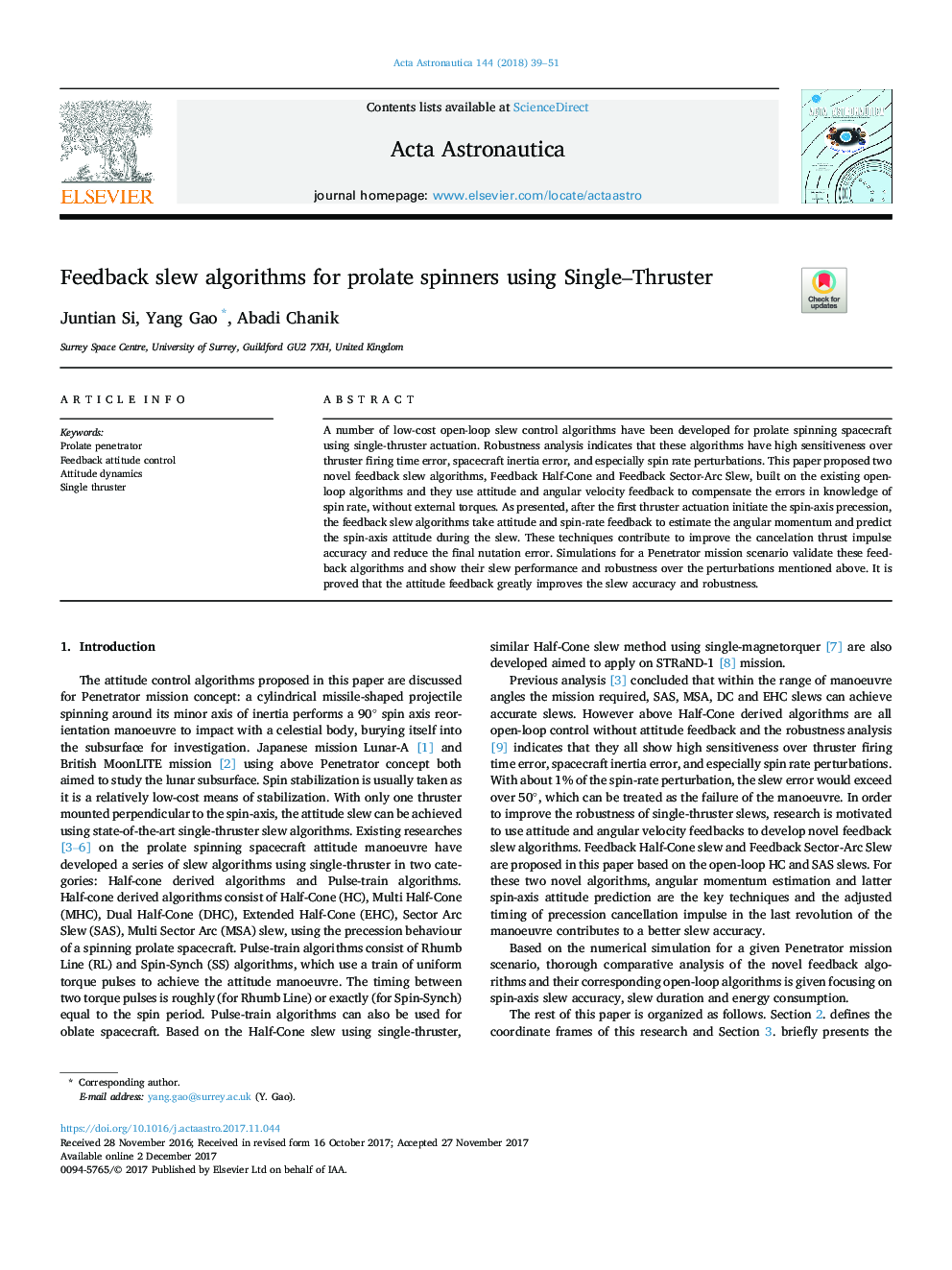 Feedback slew algorithms for prolate spinners using Single-Thruster