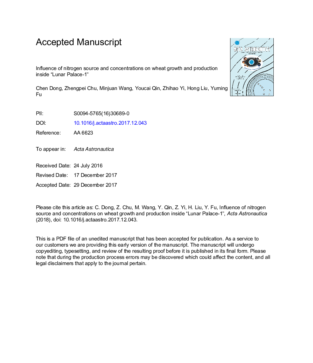 Influence of nitrogen source and concentrations on wheat growth and production inside “Lunar Palace-1”