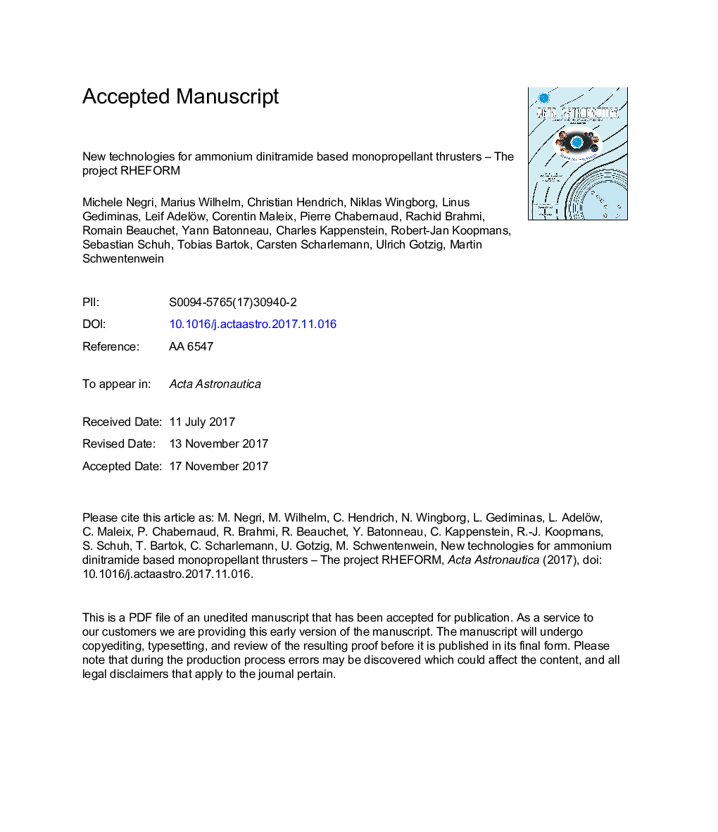 عکس صفحه اول مقاله: New technologies for ammonium dinitramide based monopropellant thrusters - The project RHEFORM New technologies for ammonium dinitramide based monopropellant thrusters - The project RHEFORM