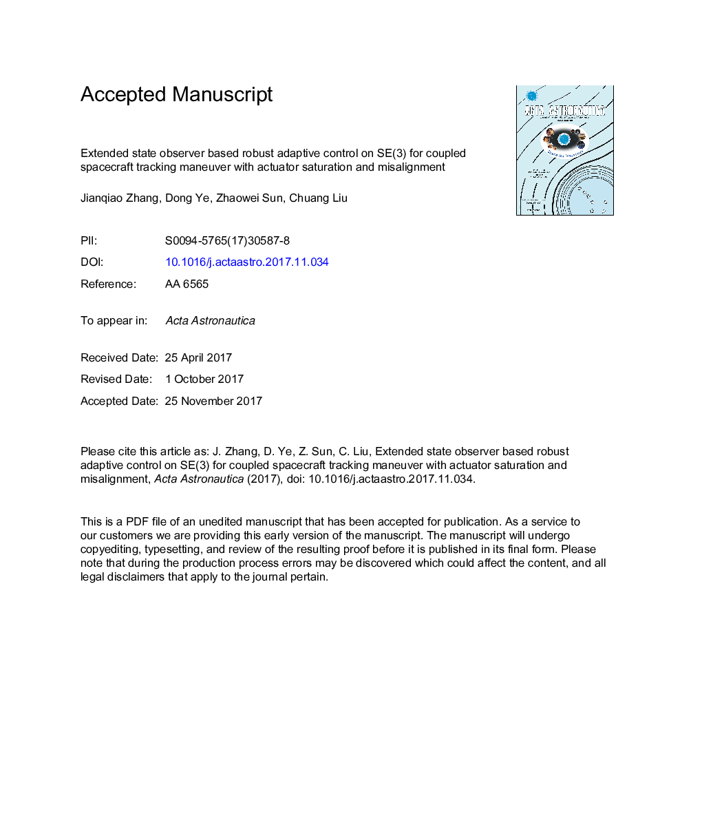 Extended state observer based robust adaptive control on SE(3) for coupled spacecraft tracking maneuver with actuator saturation and misalignment