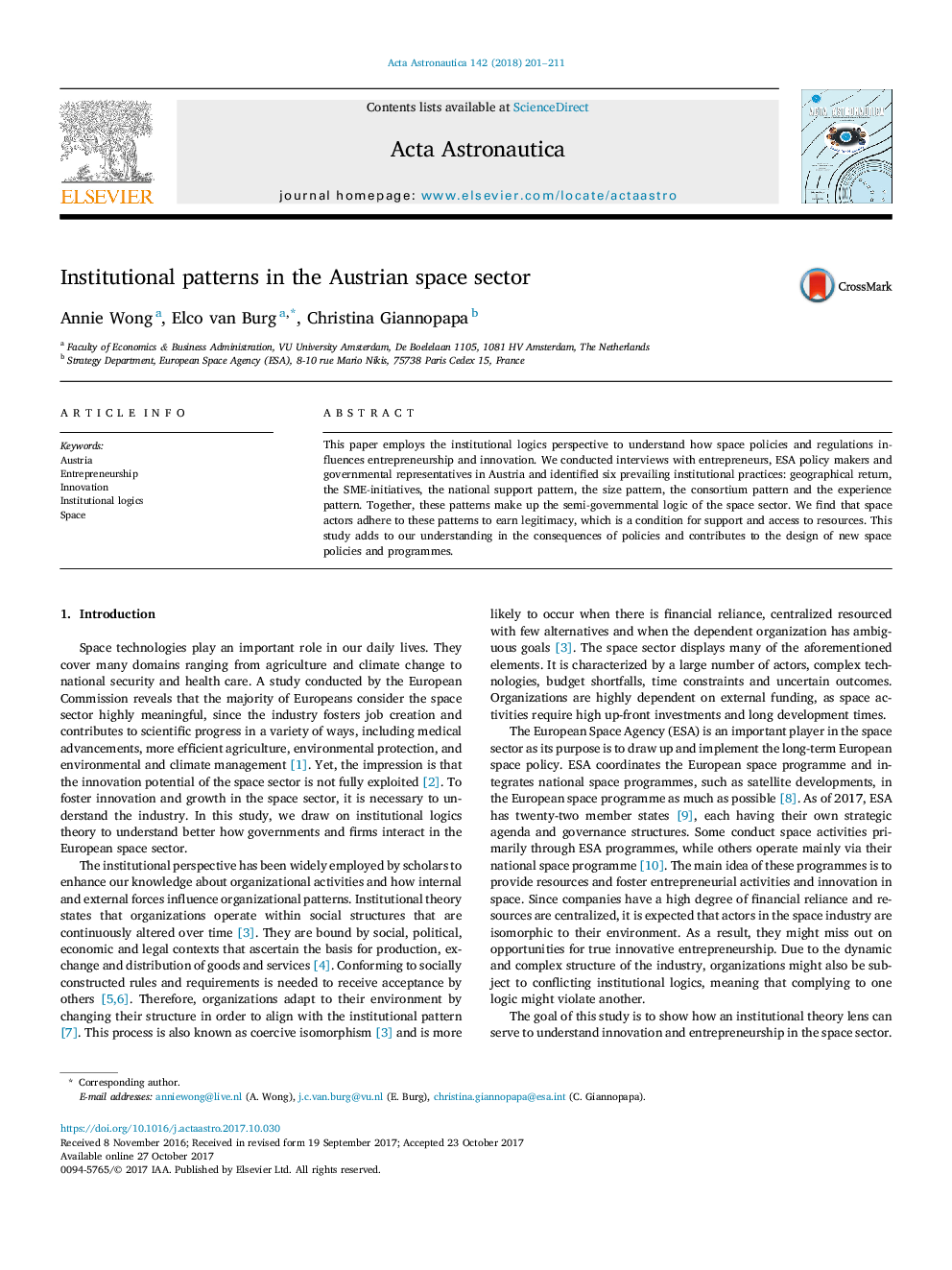 Institutional patterns in the Austrian space sector