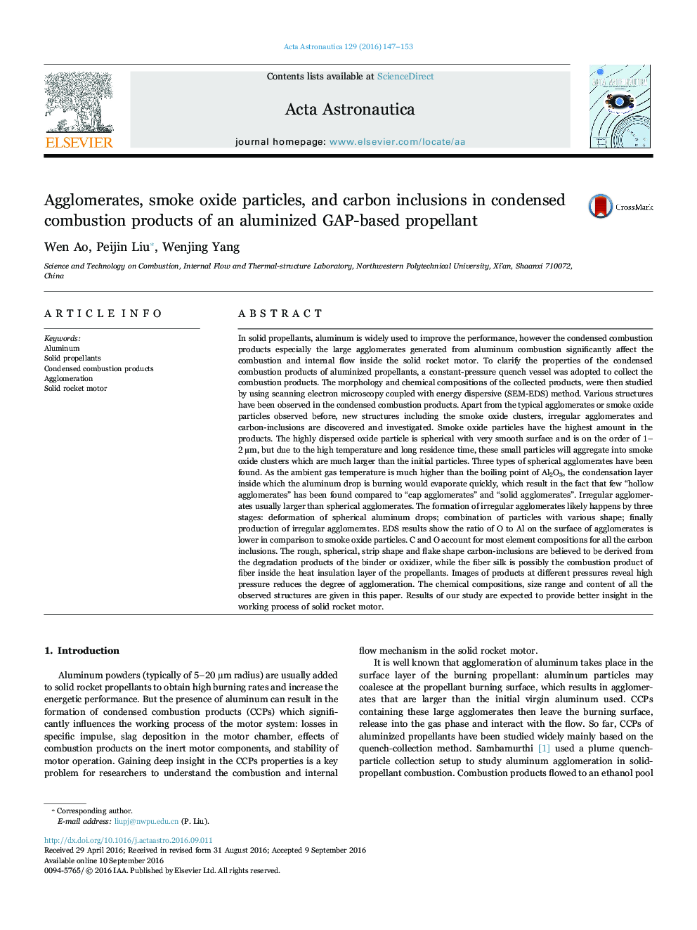 عکس صفحه اول مقاله: Agglomerates, smoke oxide particles, and carbon inclusions in condensed combustion products of an aluminized GAP-based propellant Agglomerates, smoke oxide particles, and carbon inclusions in condensed combustion products of an aluminized GAP-based propellant