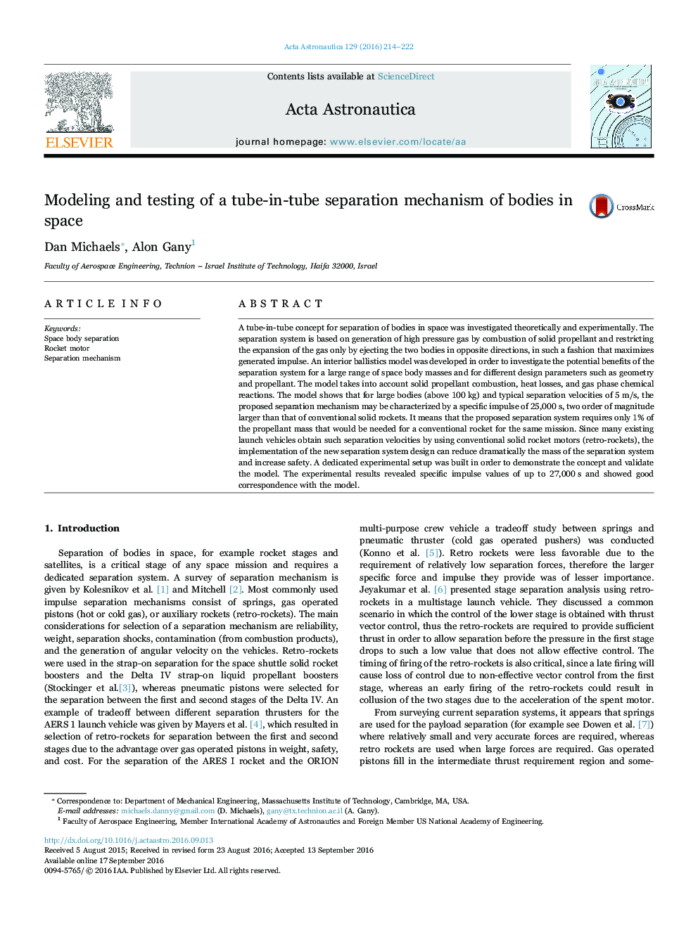 Modeling and testing of a tube-in-tube separation mechanism of bodies in space