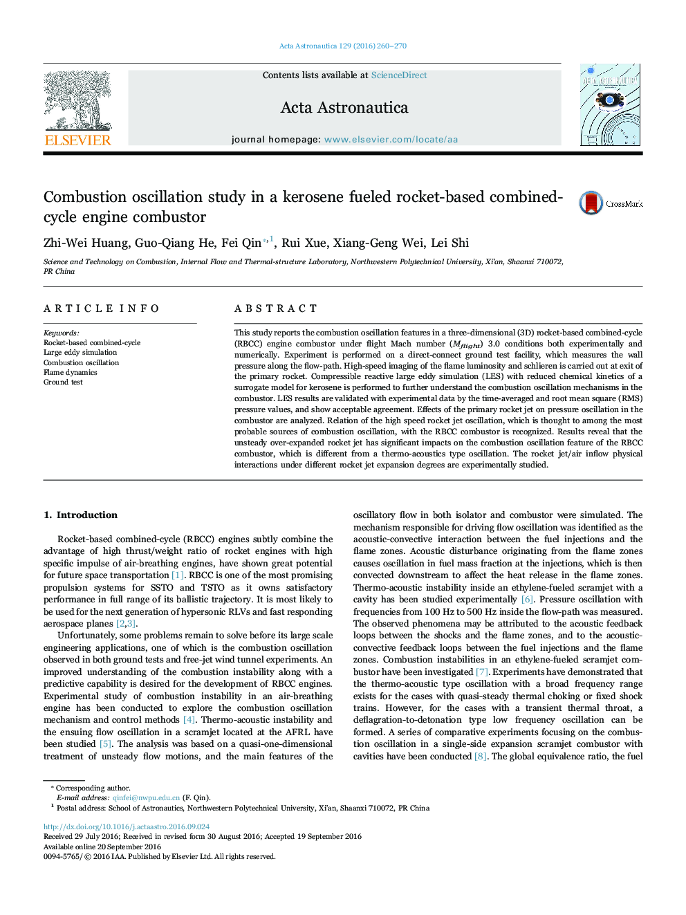 Combustion oscillation study in a kerosene fueled rocket-based combined-cycle engine combustor