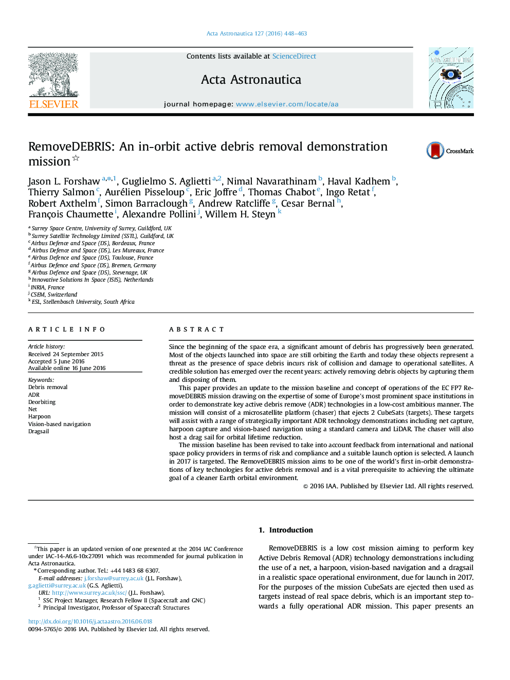 RemoveDEBRIS: An in-orbit active debris removal demonstration mission