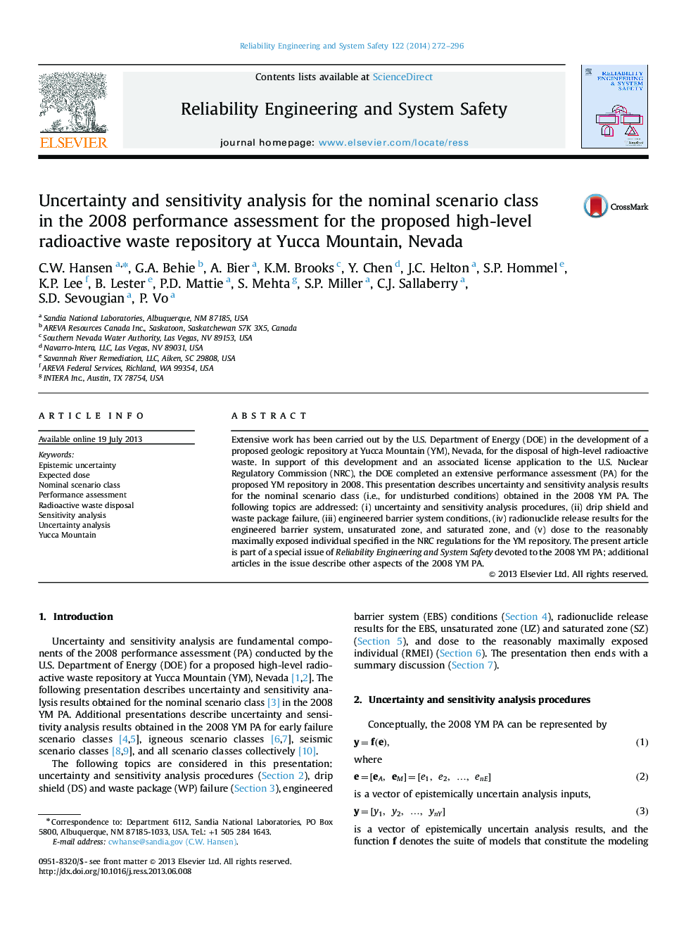 Uncertainty and sensitivity analysis for the nominal scenario class in the 2008 performance assessment for the proposed high-level radioactive waste repository at Yucca Mountain, Nevada