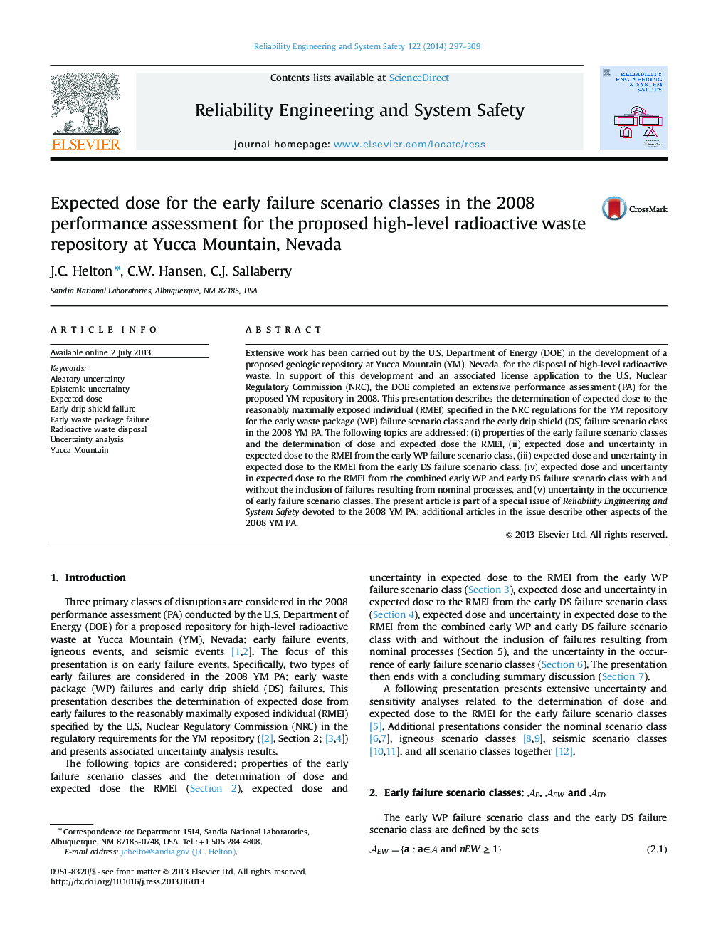 Expected dose for the early failure scenario classes in the 2008 performance assessment for the proposed high-level radioactive waste repository at Yucca Mountain, Nevada