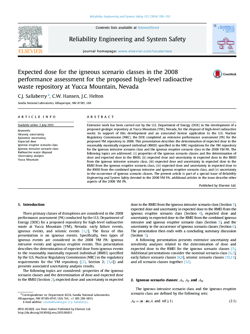 Expected dose for the igneous scenario classes in the 2008 performance assessment for the proposed high-level radioactive waste repository at Yucca Mountain, Nevada