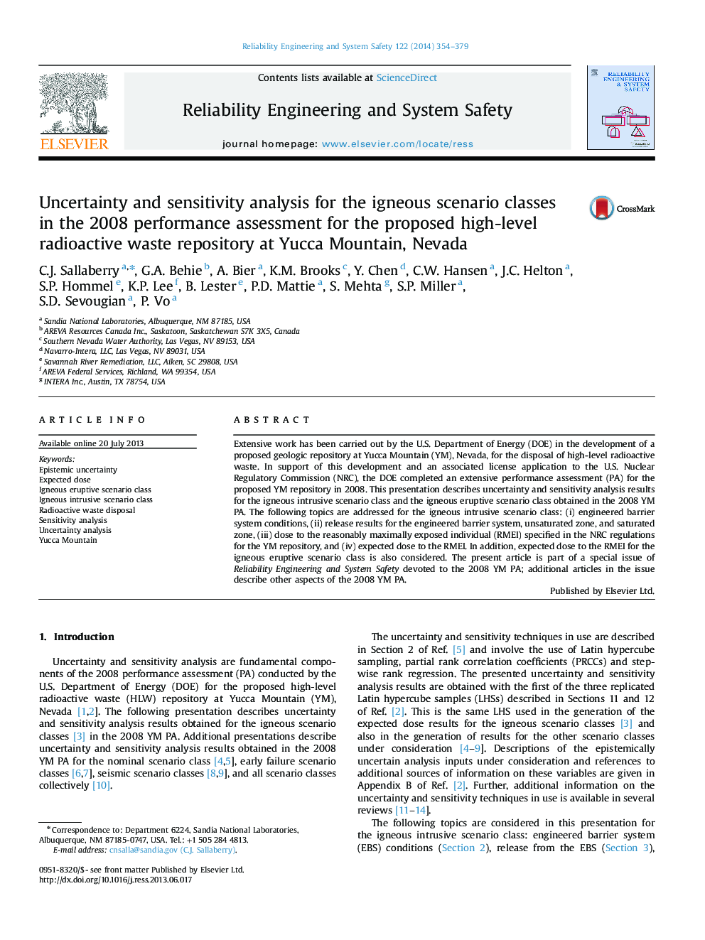 Uncertainty and sensitivity analysis for the igneous scenario classes in the 2008 performance assessment for the proposed high-level radioactive waste repository at Yucca Mountain, Nevada