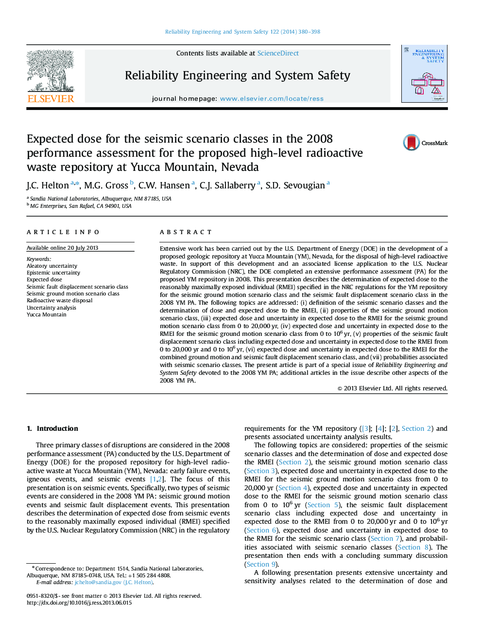 Expected dose for the seismic scenario classes in the 2008 performance assessment for the proposed high-level radioactive waste repository at Yucca Mountain, Nevada