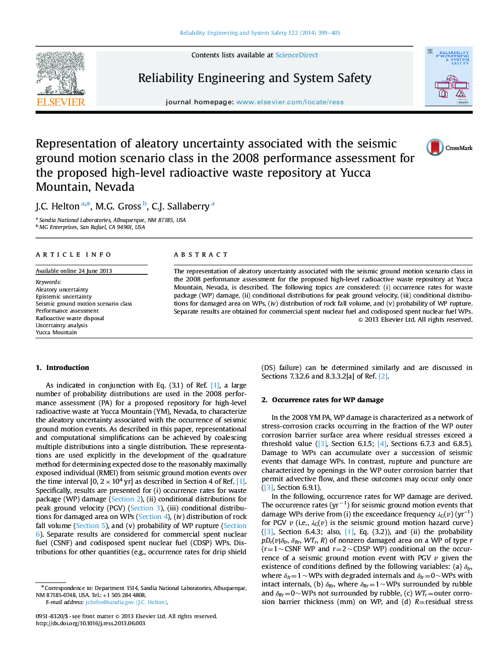 Representation of aleatory uncertainty associated with the seismic ground motion scenario class in the 2008 performance assessment for the proposed high-level radioactive waste repository at Yucca Mountain, Nevada