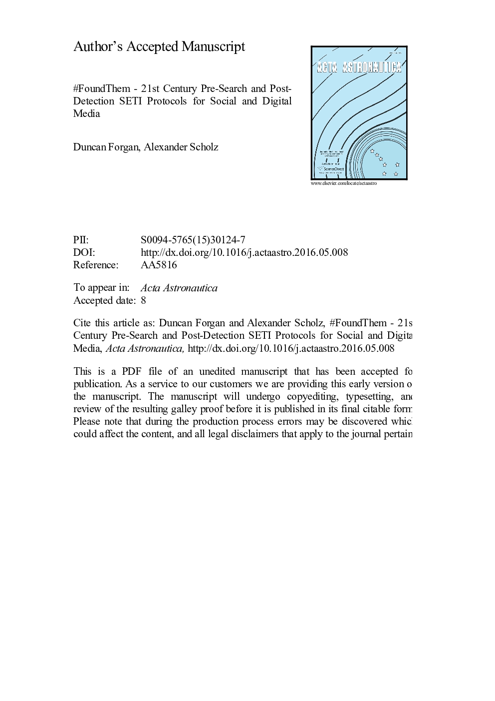 عکس صفحه اول مقاله: #FoundThem-21st Century pre-search and post-detection seti protocols for social and digital media #FoundThem-21st Century pre-search and post-detection seti protocols for social and digital media