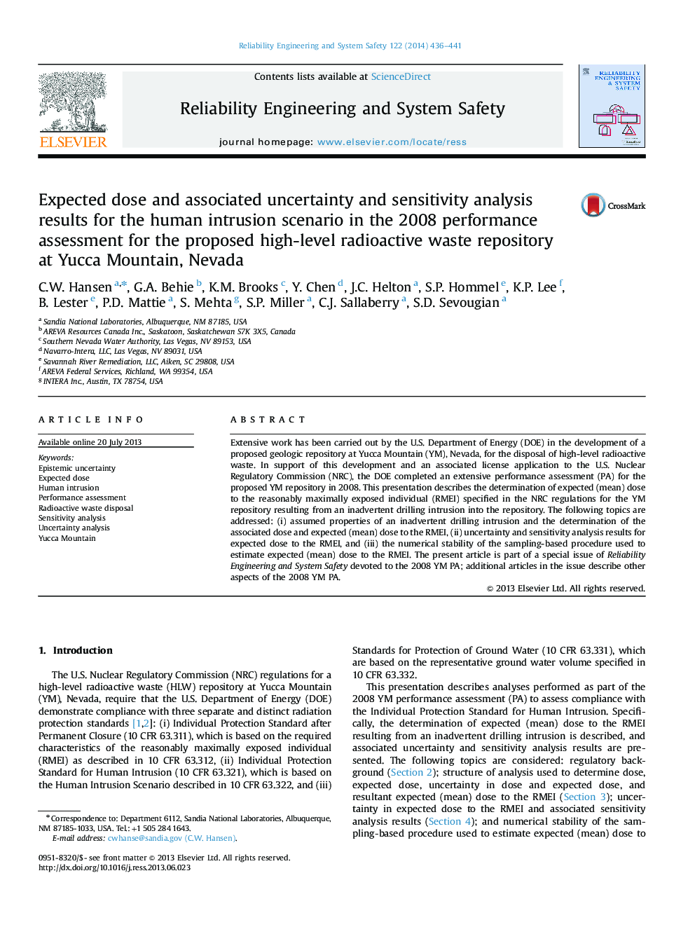 Expected dose and associated uncertainty and sensitivity analysis results for the human intrusion scenario in the 2008 performance assessment for the proposed high-level radioactive waste repository at Yucca Mountain, Nevada