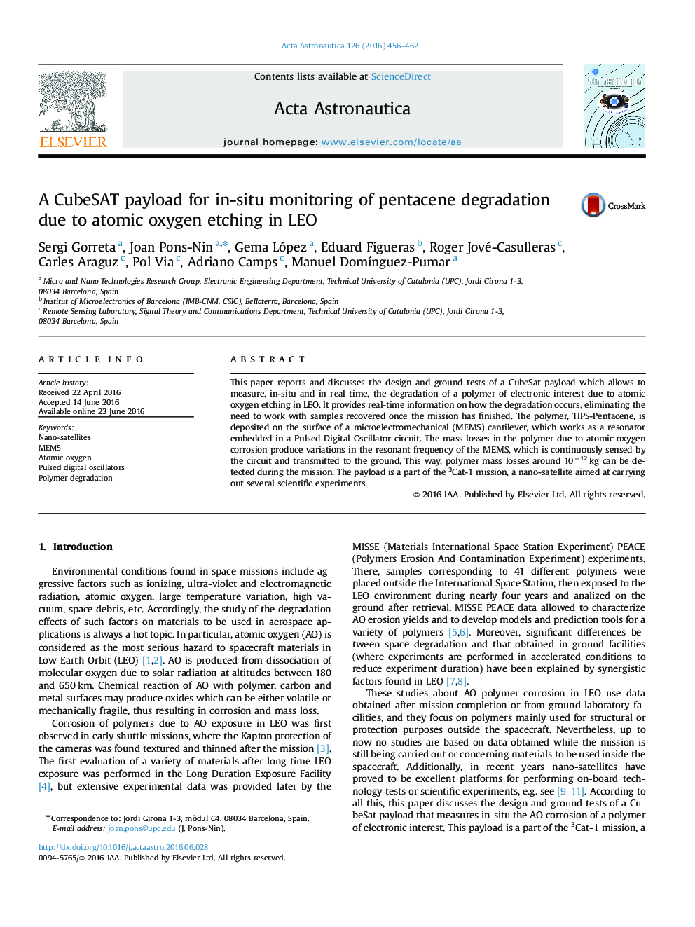 A CubeSAT payload for in-situ monitoring of pentacene degradation due to atomic oxygen etching in LEO