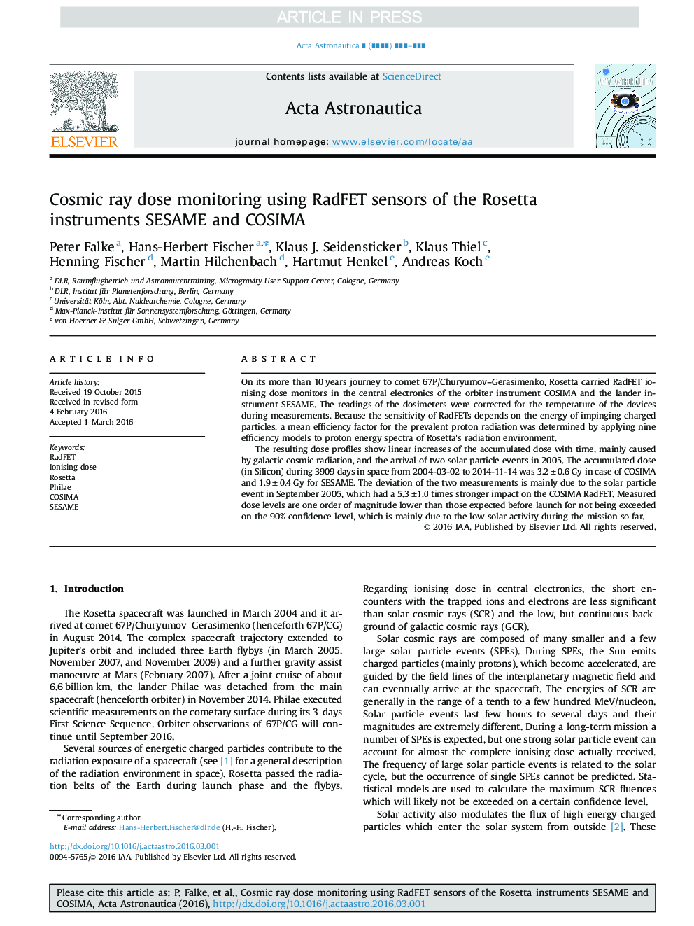 Cosmic ray dose monitoring using RadFET sensors of the Rosetta instruments SESAME and COSIMA