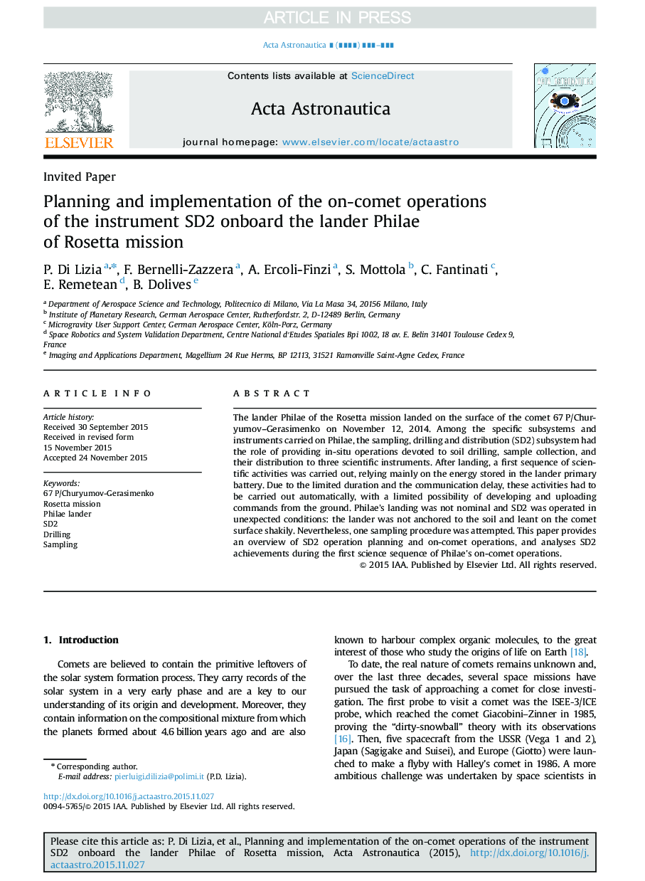 Planning and implementation of the on-comet operations of the instrument SD2 onboard the lander Philae of Rosetta mission