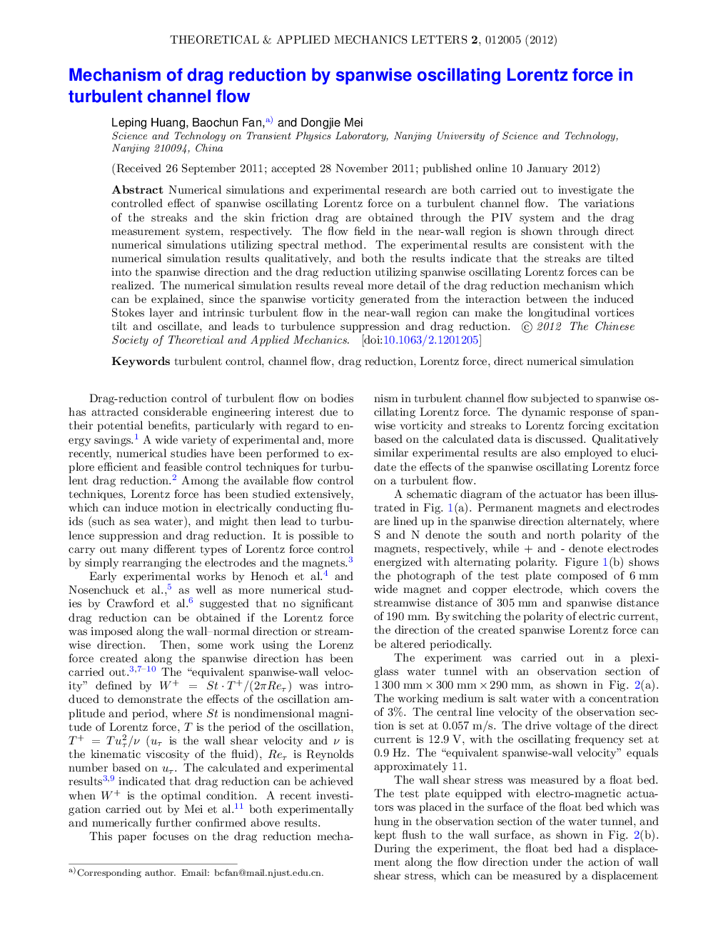 عکس صفحه اول مقاله: Mechanism of drag reduction by spanwise oscillating Lorentz force in turbulent channel flow Mechanism of drag reduction by spanwise oscillating Lorentz force in turbulent channel flow