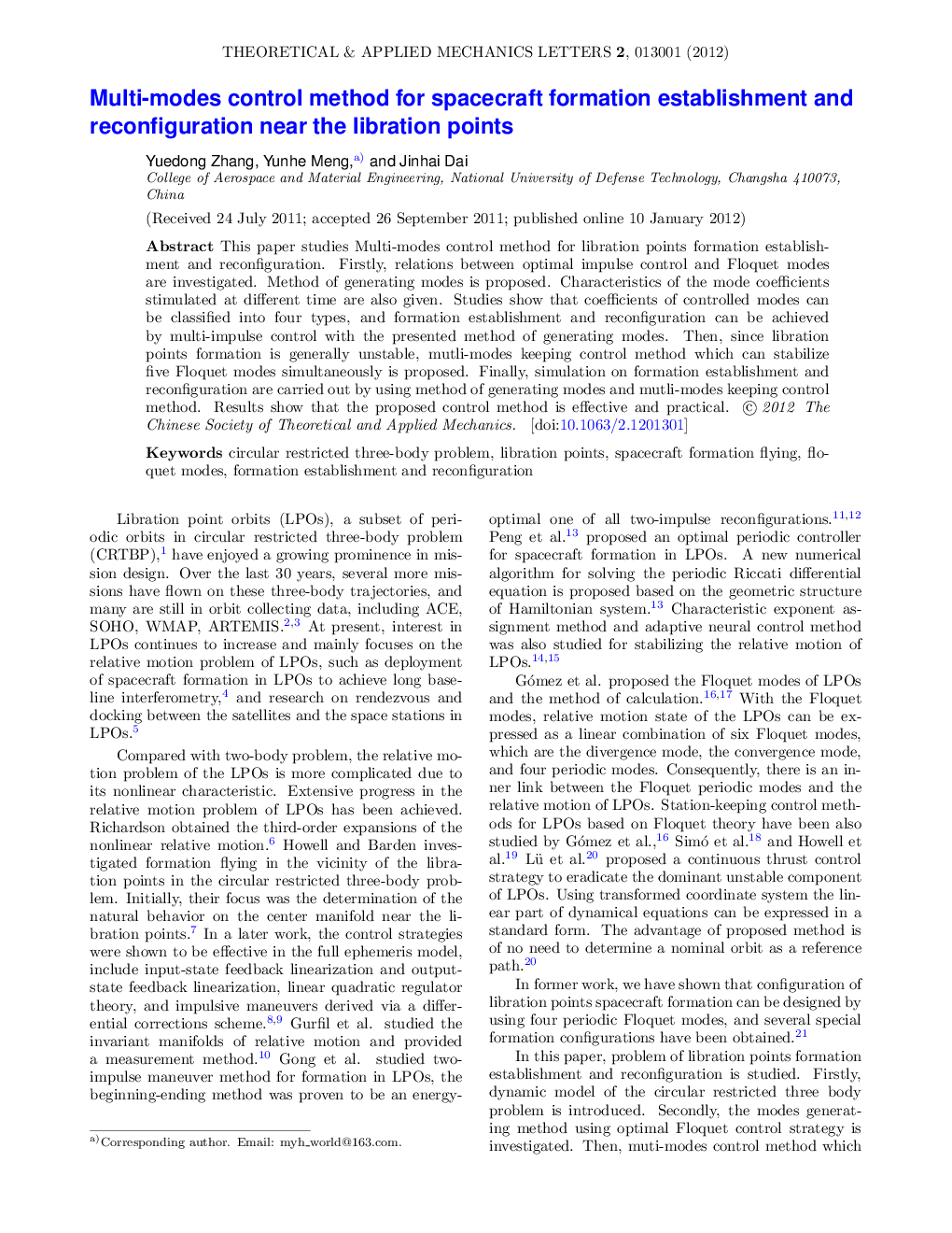 عکس صفحه اول مقاله: Multi-modes control method for spacecraft formation establishment and reconfiguration near the libration points Multi-modes control method for spacecraft formation establishment and reconfiguration near the libration points
