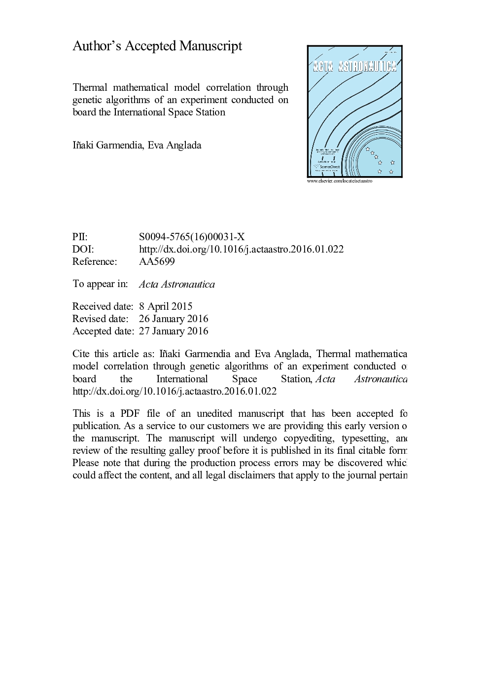 Thermal mathematical model correlation through genetic algorithms of an experiment conducted on board the International Space Station