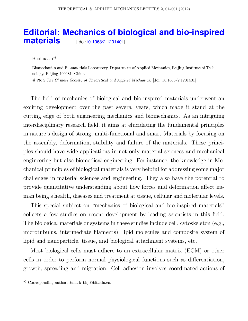عکس صفحه اول مقاله: Editorial: Mechanics of biological and bio-inspired materials Editorial: Mechanics of biological and bio-inspired materials