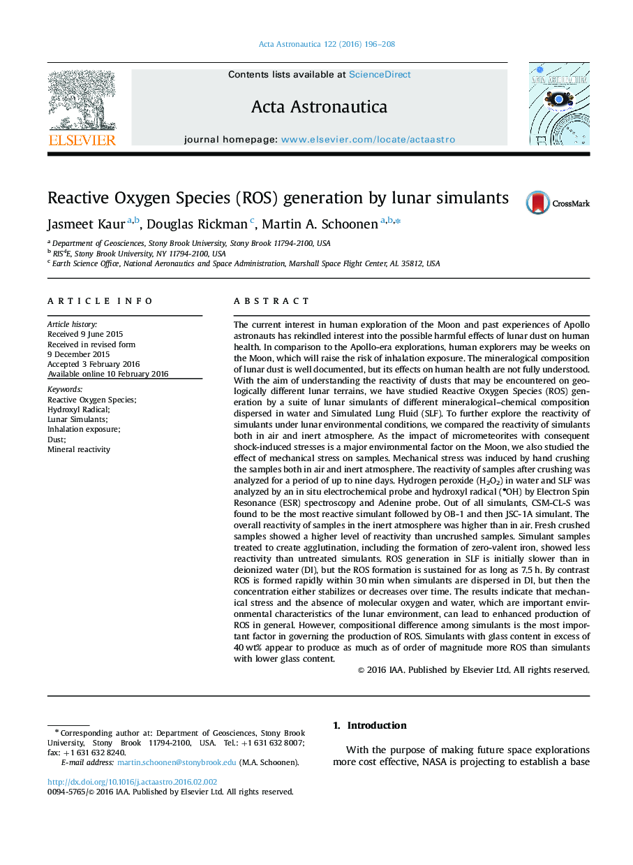 Reactive Oxygen Species (ROS) generation by lunar simulants