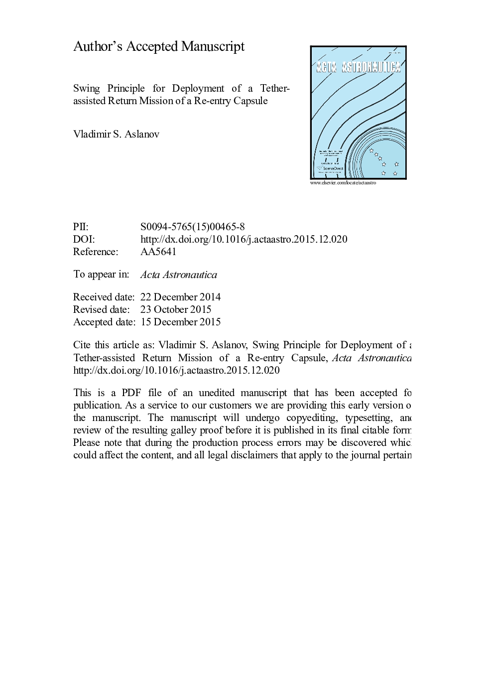 Swing principle for deployment of a tether-assisted return mission of a re-entry capsule