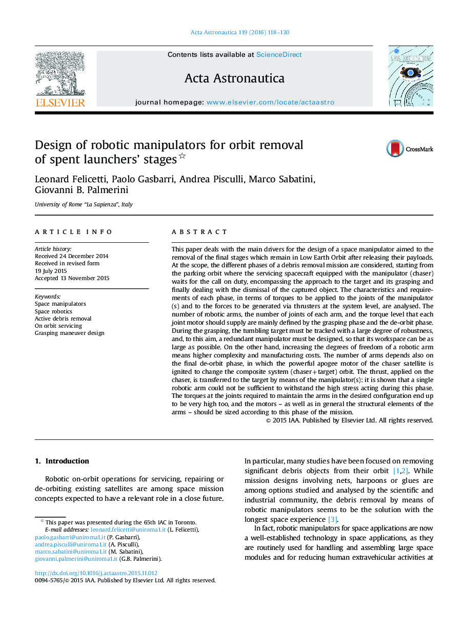 Design of robotic manipulators for orbit removal of spent launchers' stages