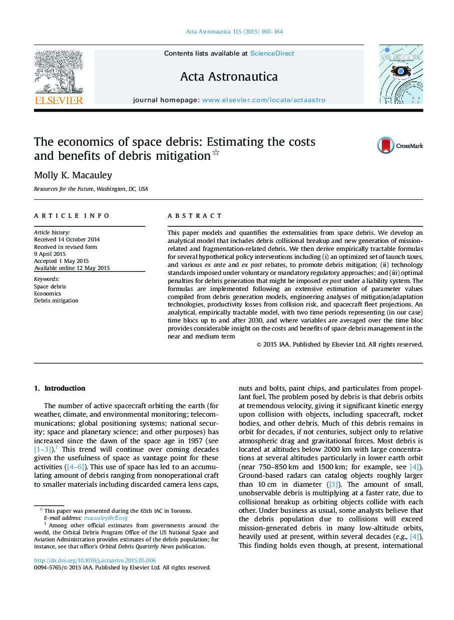 The economics of space debris: Estimating the costs and benefits of debris mitigation