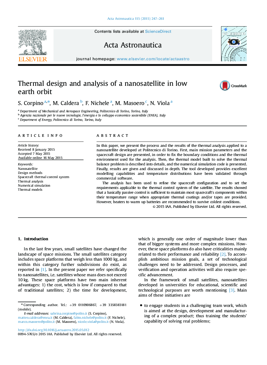 Thermal design and analysis of a nanosatellite in low earth orbit