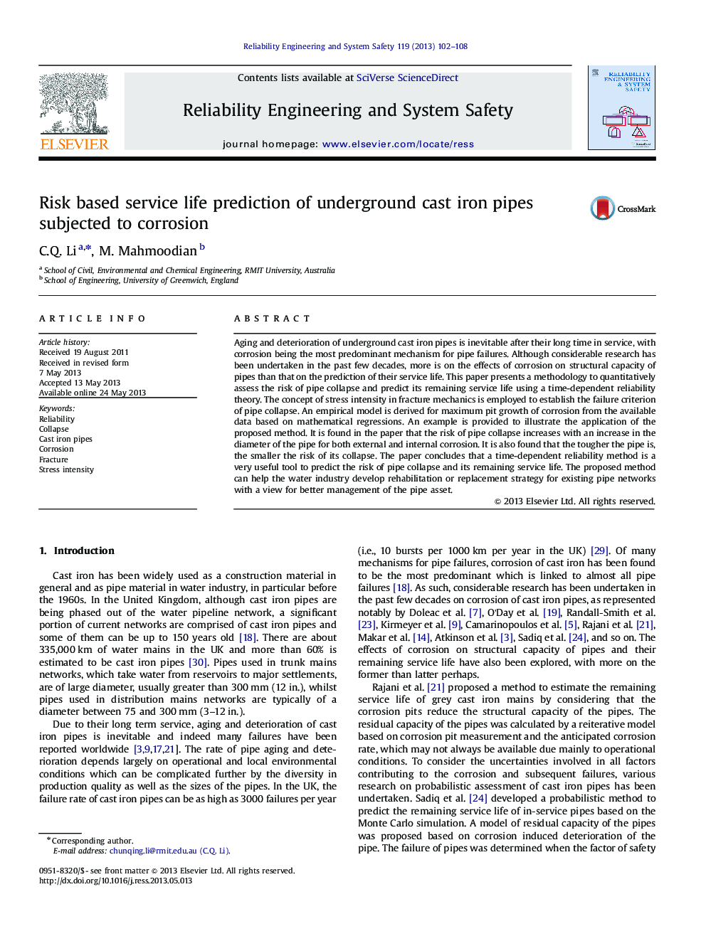 Risk based service life prediction of underground cast iron pipes subjected to corrosion