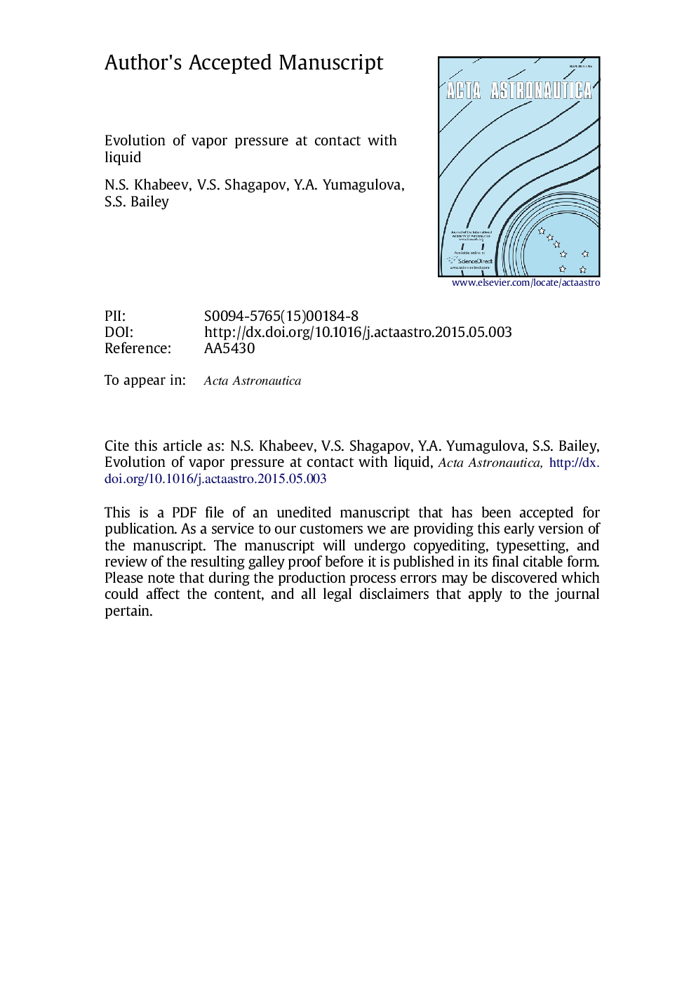 Evolution of vapor pressure at contact with liquid