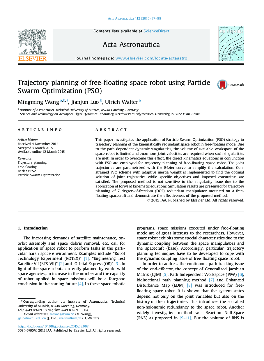 Trajectory planning of free-floating space robot using Particle Swarm Optimization (PSO)