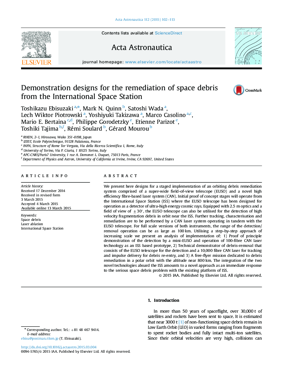 Demonstration designs for the remediation of space debris from the International Space Station