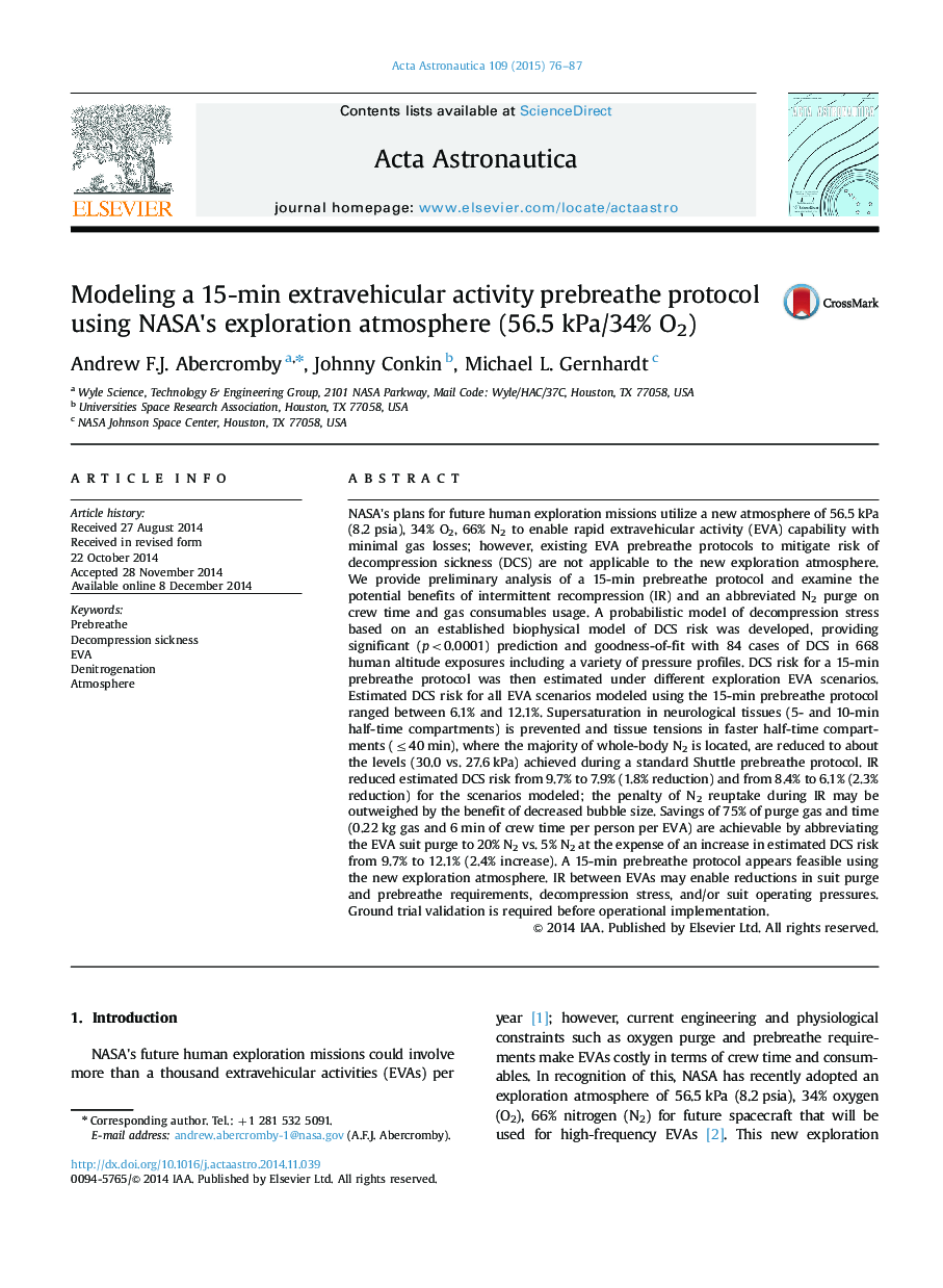 Modeling a 15-min extravehicular activity prebreathe protocol using NASA×³s exploration atmosphere (56.5Â kPa/34% O2)