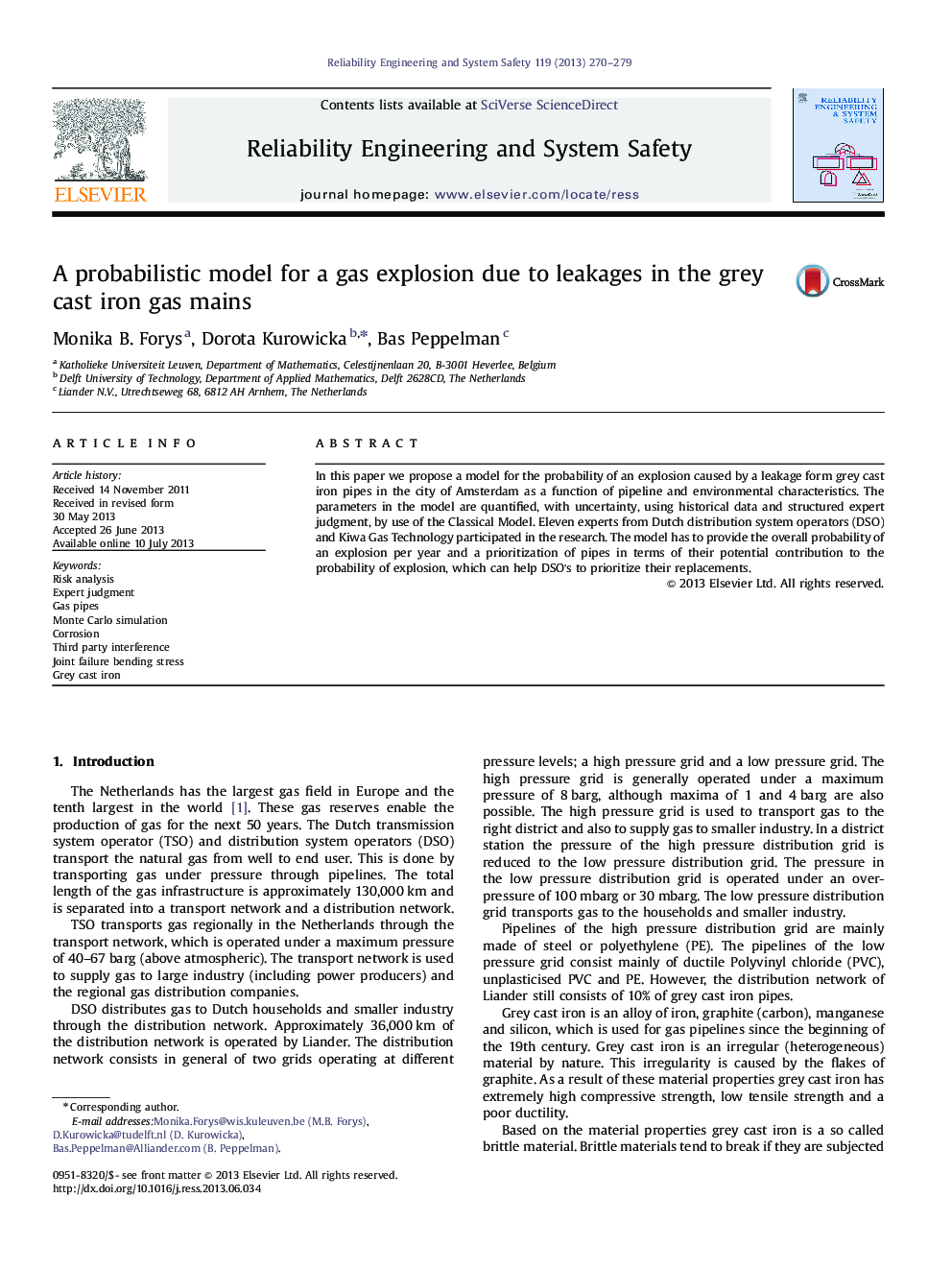 A probabilistic model for a gas explosion due to leakages in the grey cast iron gas mains