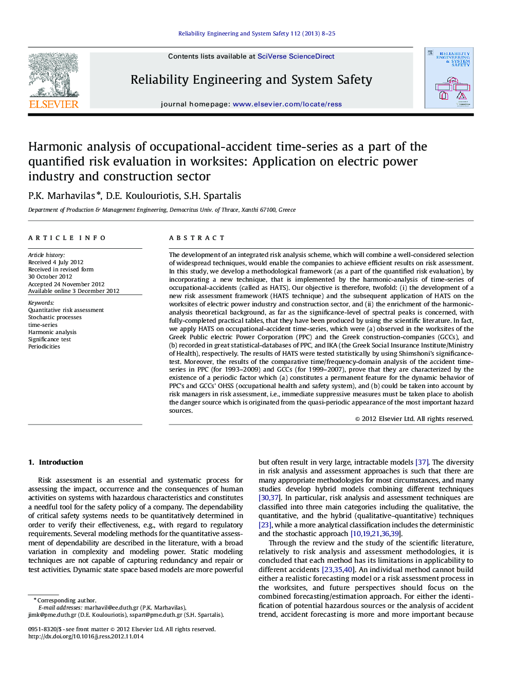 Harmonic analysis of occupational-accident time-series as a part of the quantified risk evaluation in worksites: Application on electric power industry and construction sector