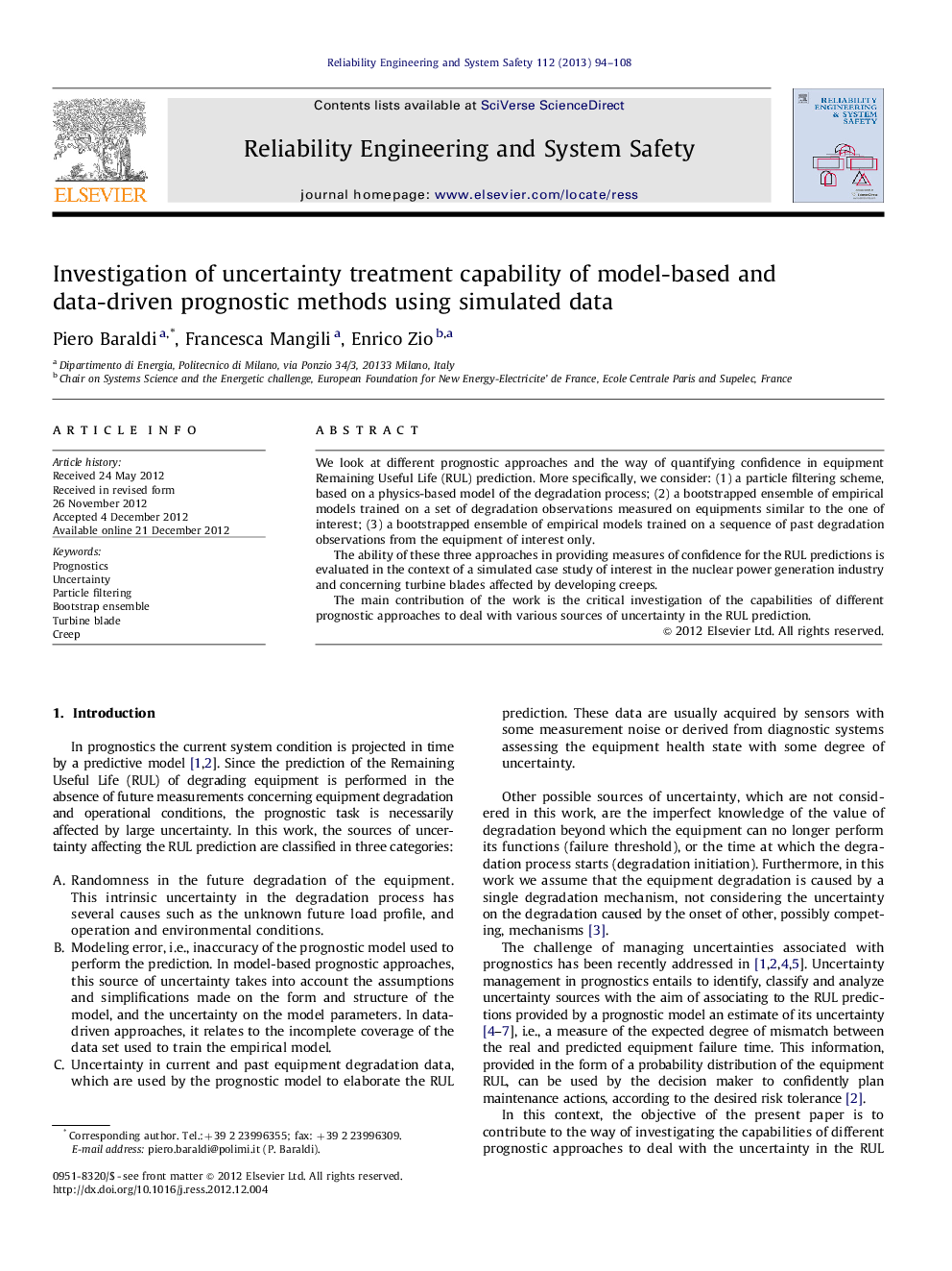 Investigation of uncertainty treatment capability of model-based and data-driven prognostic methods using simulated data