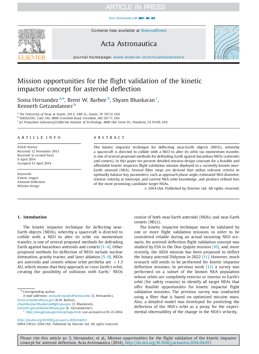 Mission opportunities for the flight validation of the kinetic impactor concept for asteroid deflection