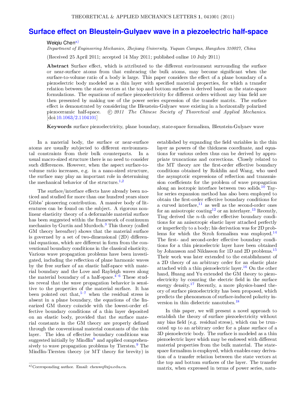 عکس صفحه اول مقاله: Surface effect on Bleustein-Gulyaev wave in a piezoelectric half-space Surface effect on Bleustein-Gulyaev wave in a piezoelectric half-space