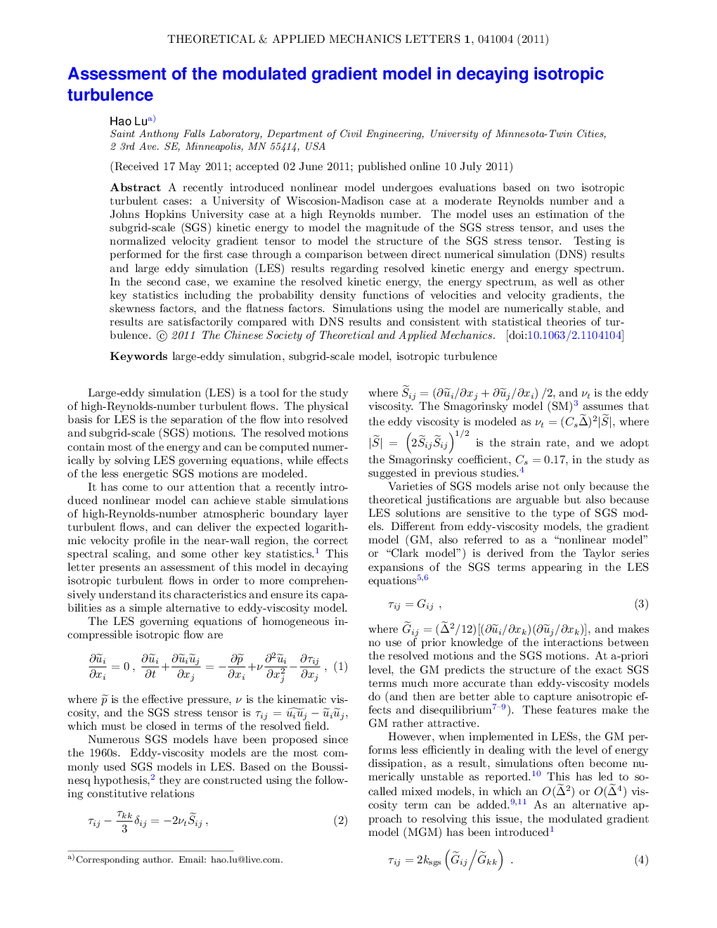 عکس صفحه اول مقاله: Assessment of the modulated gradient model in decaying isotropic turbulence Assessment of the modulated gradient model in decaying isotropic turbulence