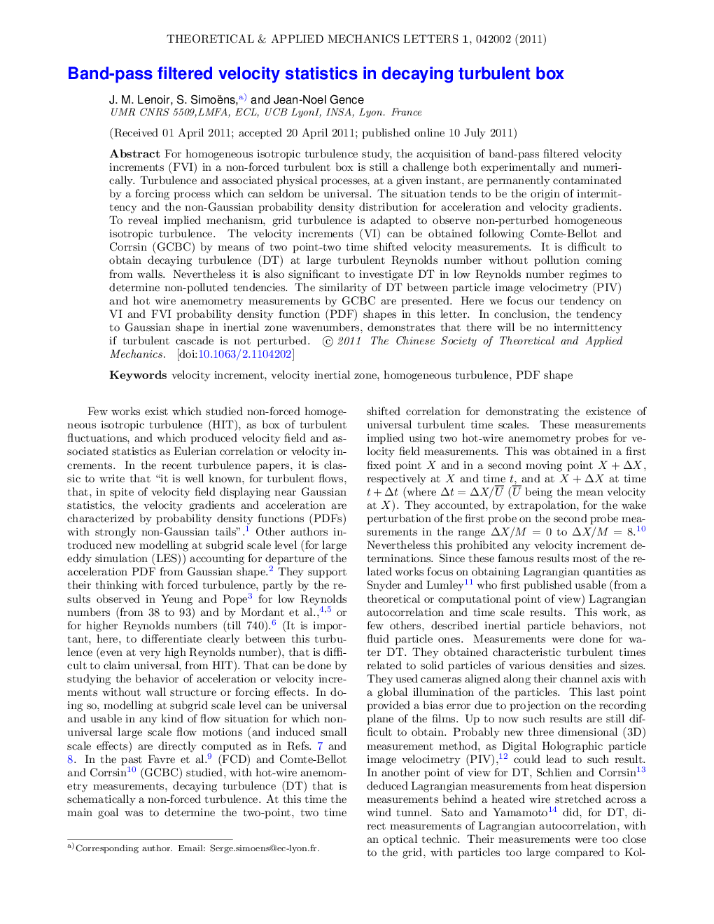 عکس صفحه اول مقاله: Band-pass filtered velocity statistics in decaying turbulent box Band-pass filtered velocity statistics in decaying turbulent box