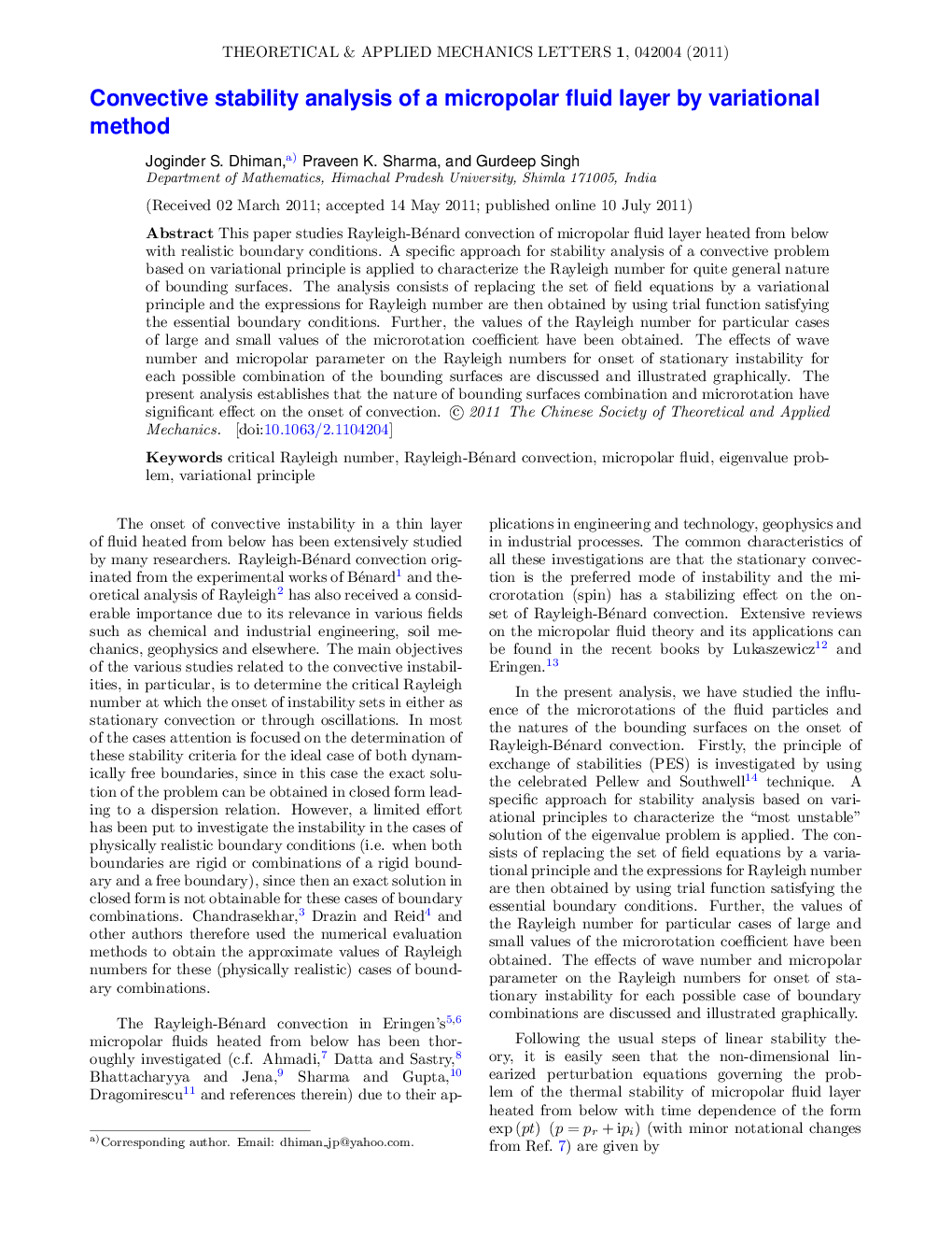 عکس صفحه اول مقاله: Convective stability analysis of a micropolar fluid layer by variational method Convective stability analysis of a micropolar fluid layer by variational method
