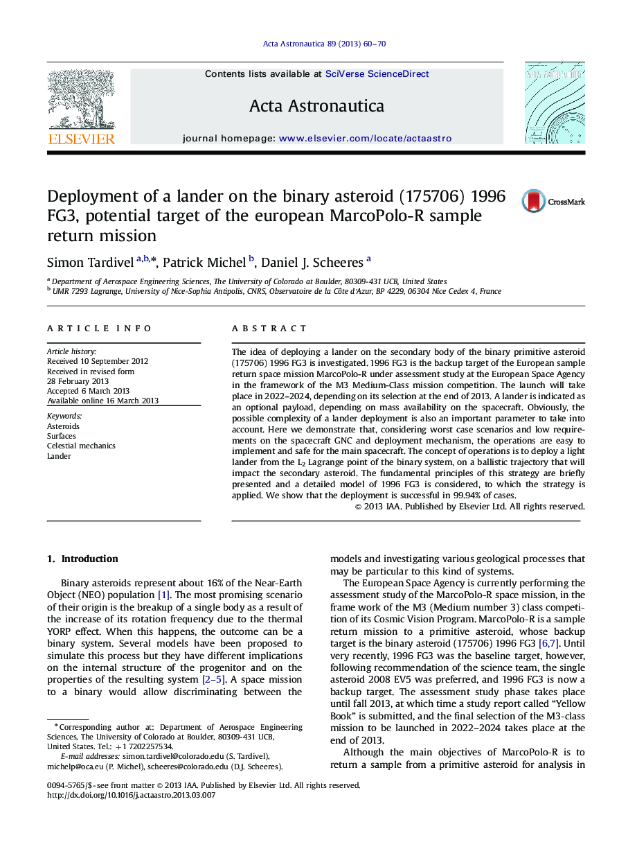 Deployment of a lander on the binary asteroid (175706) 1996 FG3, potential target of the european MarcoPolo-R sample return mission