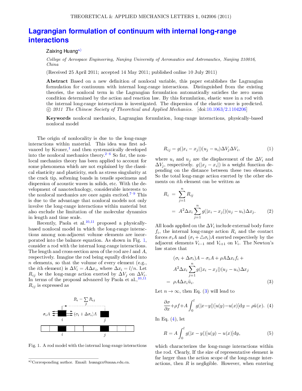 عکس صفحه اول مقاله: Lagrangian formulation of continuum with internal long-range interactions Lagrangian formulation of continuum with internal long-range interactions
