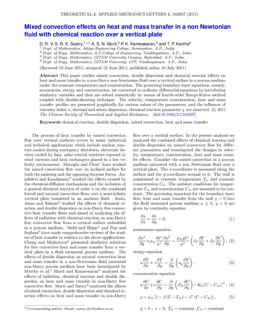 عکس صفحه اول مقاله: Mixed convection effects on heat and mass transfer in a non Newtonian fluid with chemical reaction over a vertical plate Mixed convection effects on heat and mass transfer in a non Newtonian fluid with chemical reaction over a vertical plate