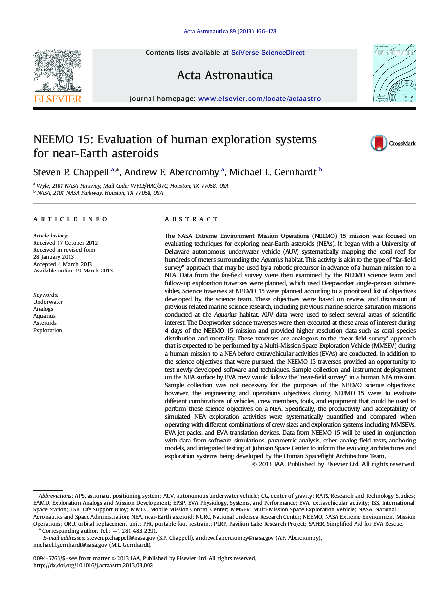 NEEMO 15: Evaluation of human exploration systems for near-Earth asteroids