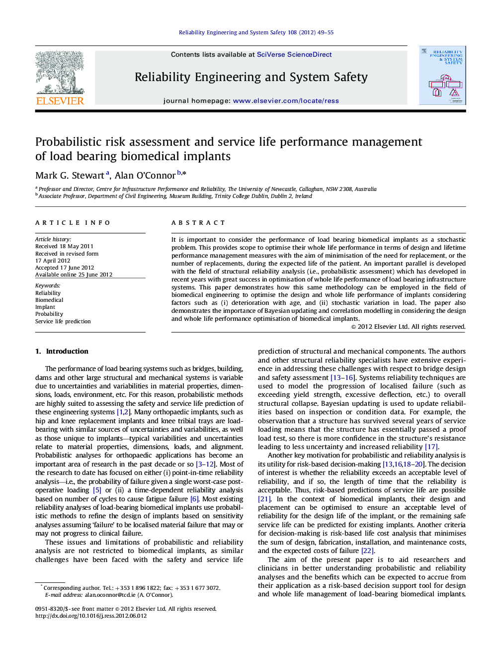 Probabilistic risk assessment and service life performance management of load bearing biomedical implants