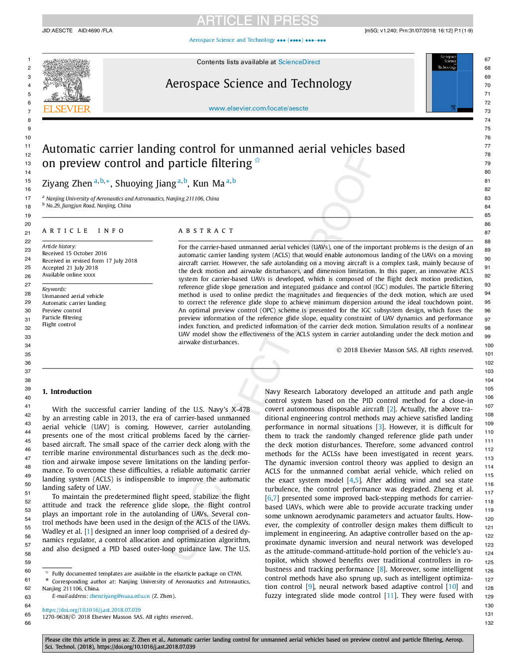 Automatic carrier landing control for unmanned aerial vehicles based on preview control and particle filtering