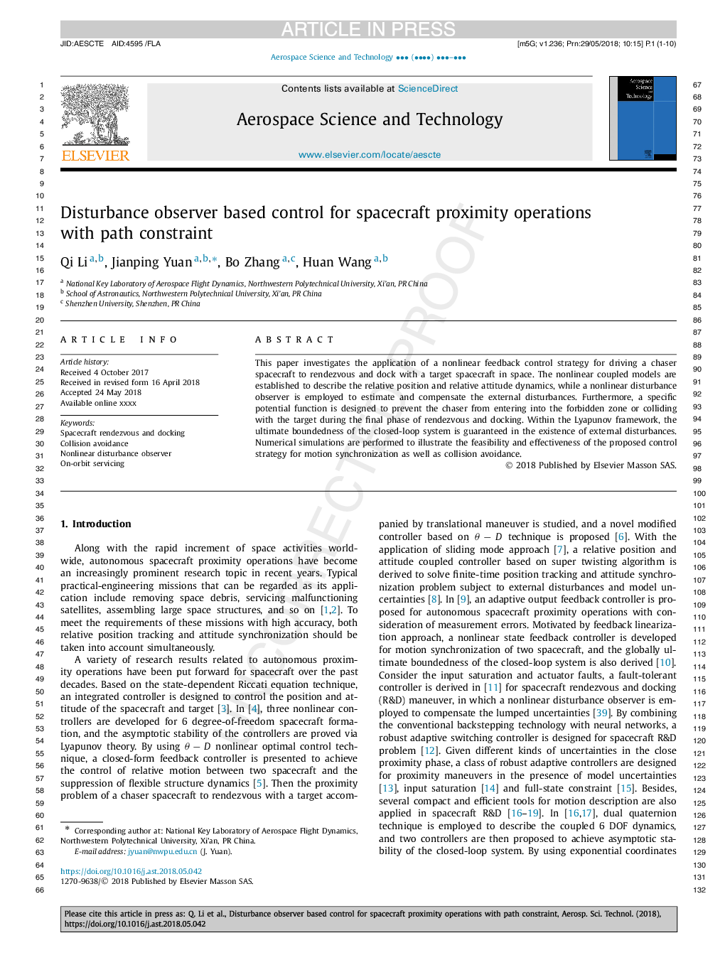 Disturbance observer based control for spacecraft proximity operations with path constraint