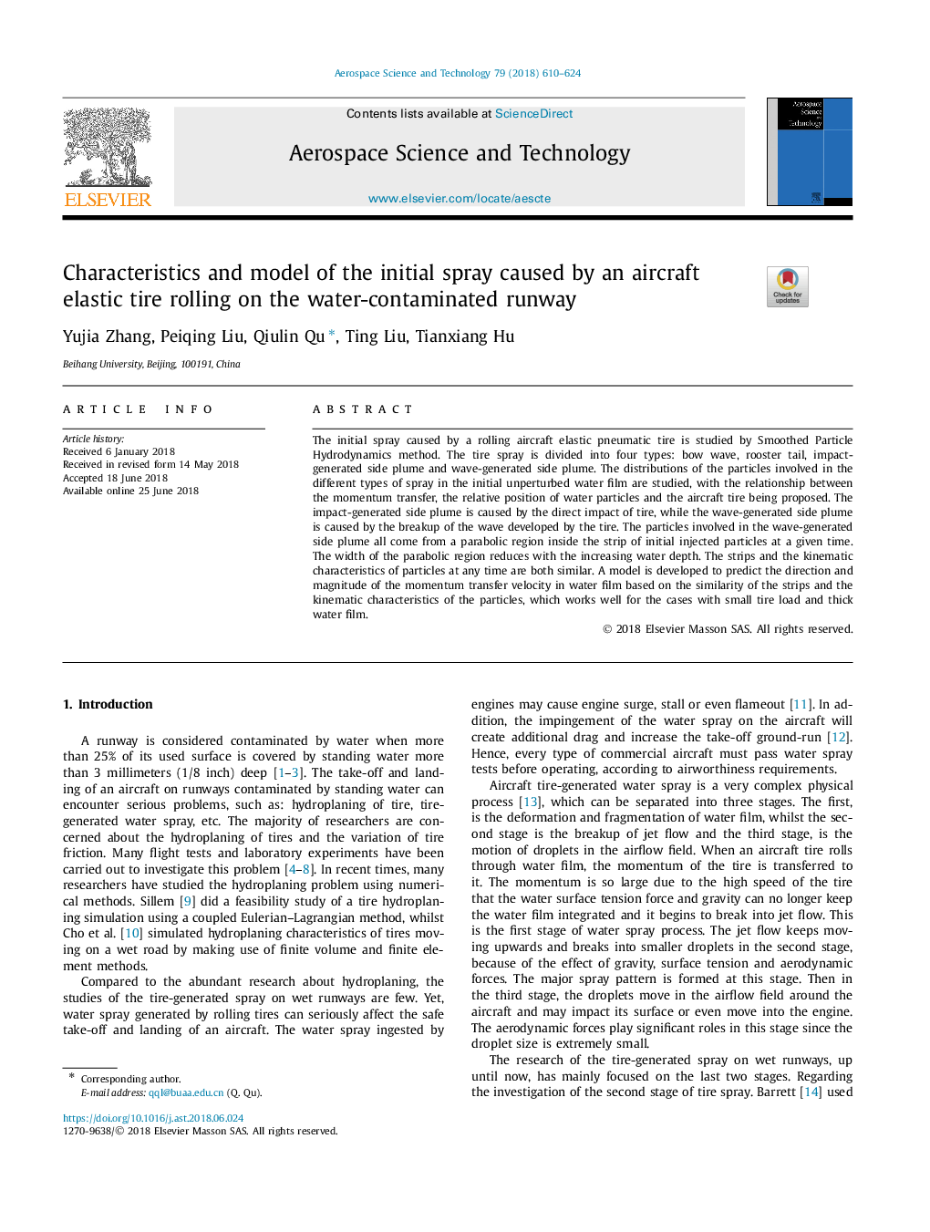 Characteristics and model of the initial spray caused by an aircraft elastic tire rolling on the water-contaminated runway